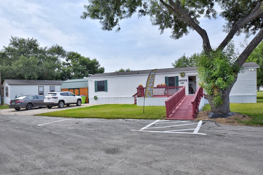 a white mobile home with a large tree in front of it