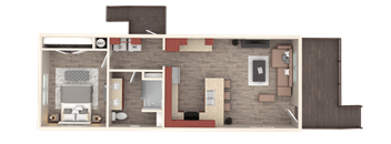 A floor plan of a house with a kitchen, living room, and two bedrooms.