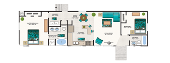 A floor plan of a house with a kitchen, living room, and bathrooms.