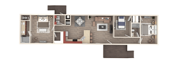 A floor plan of a house with a kitchen, living room, dining room, and bedrooms.