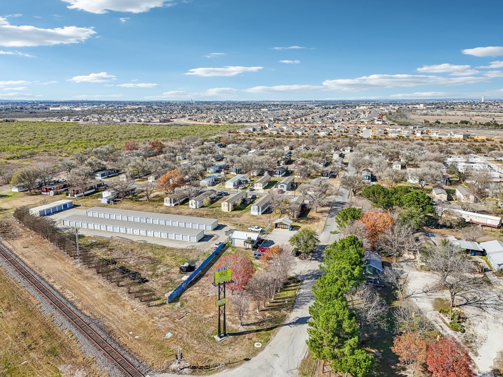 A train is passing through a small town.