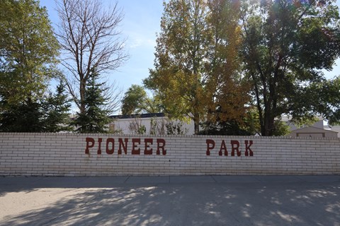 Brick wall with words on it at Pioneer Park Apartments, Green River, WY, 82935