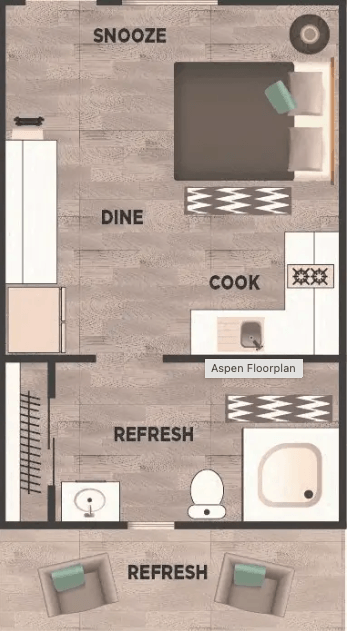 A floor plan of an apartment with a snooze, dine, cook, and refresh section.