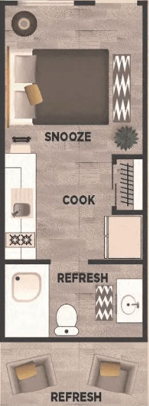 A floor plan of a small apartment with a kitchen, a living room, and a bathroom.