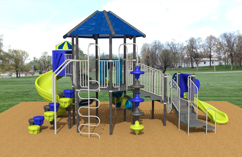 A playground with a blue roof and yellow slides.