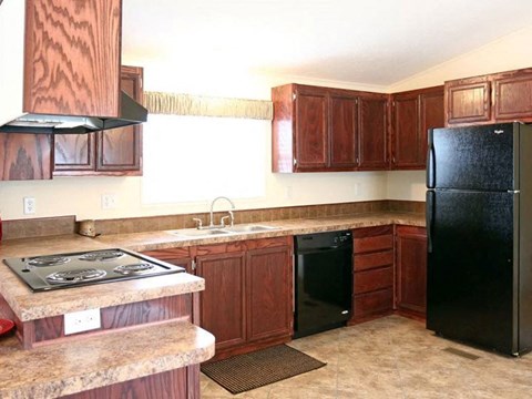a kitchen with a black refrigerator and a stove