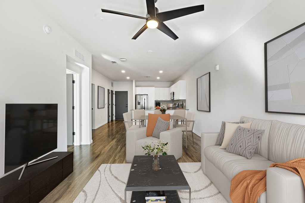 Cozy and Bright Living Room with Kitchen View at Azalea Luxury Apartments, Tampa, Florida
