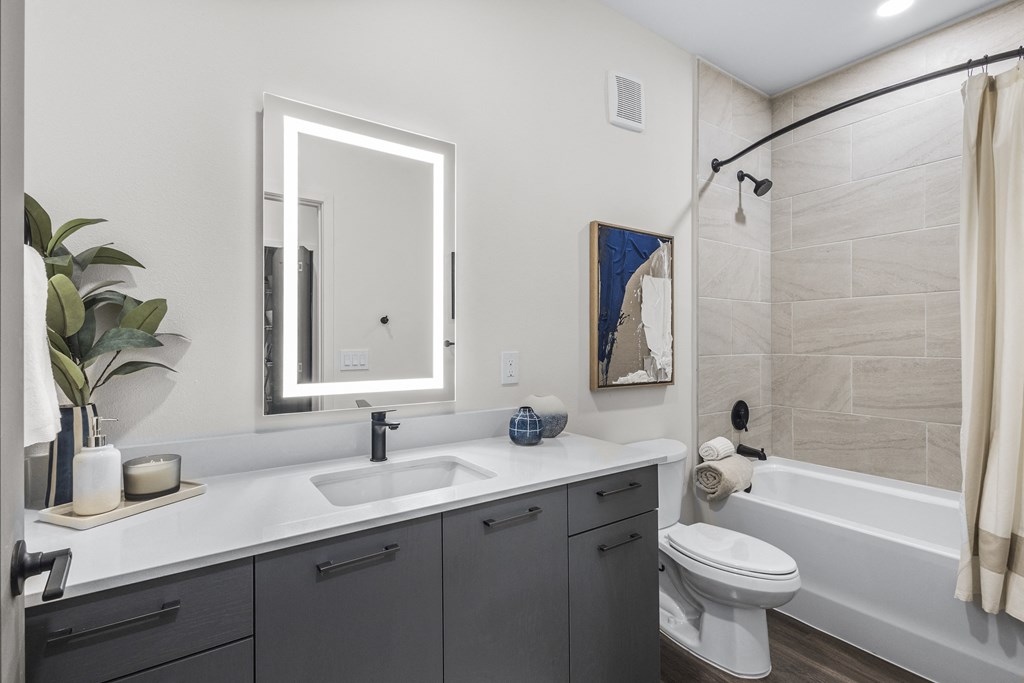 a bathroom with mirror and shower bathtub
