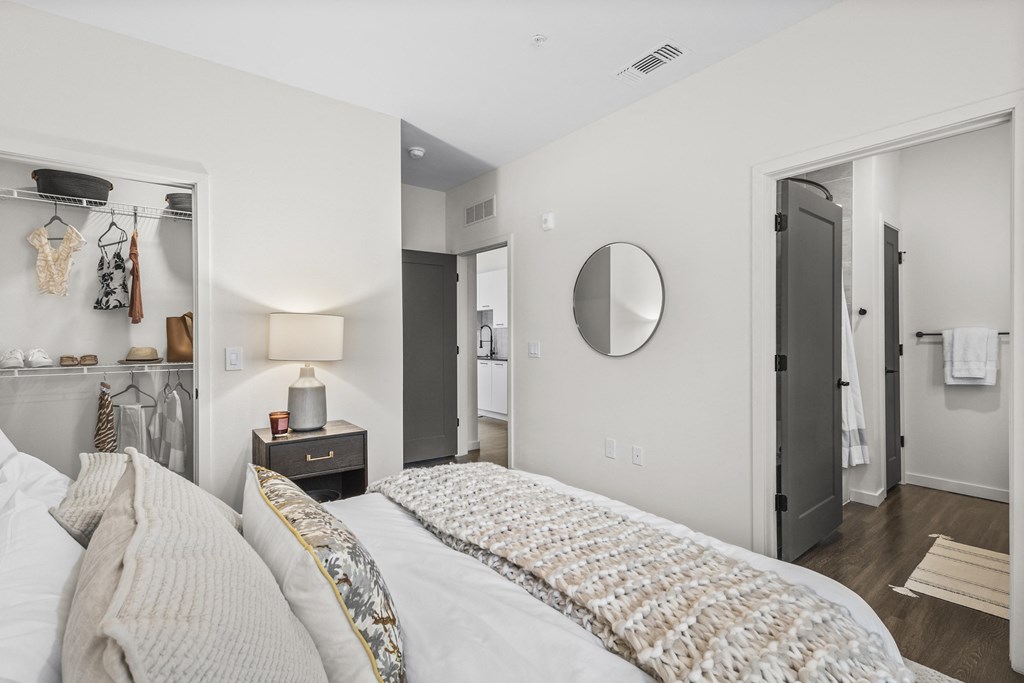 a bedroom with a large bed and a closet