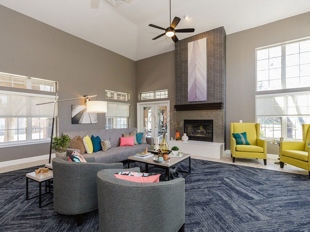 Clubhouse With Fireplace at Reflection Cove Apartments in Manchester, MO