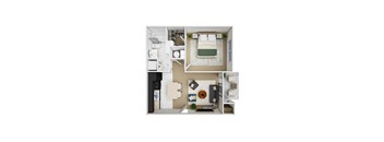a stylized floor plan of a bedroom with a bed and a bathroom