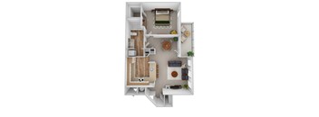 a stylized floor plan of a 1 bedroom apartment