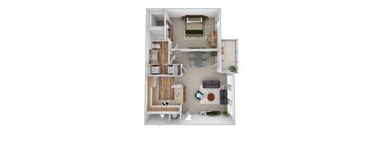 a stylized floor plan with a bedroom and living room