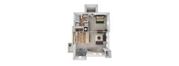 a stylized floor plan of a 1 bedroom apartment