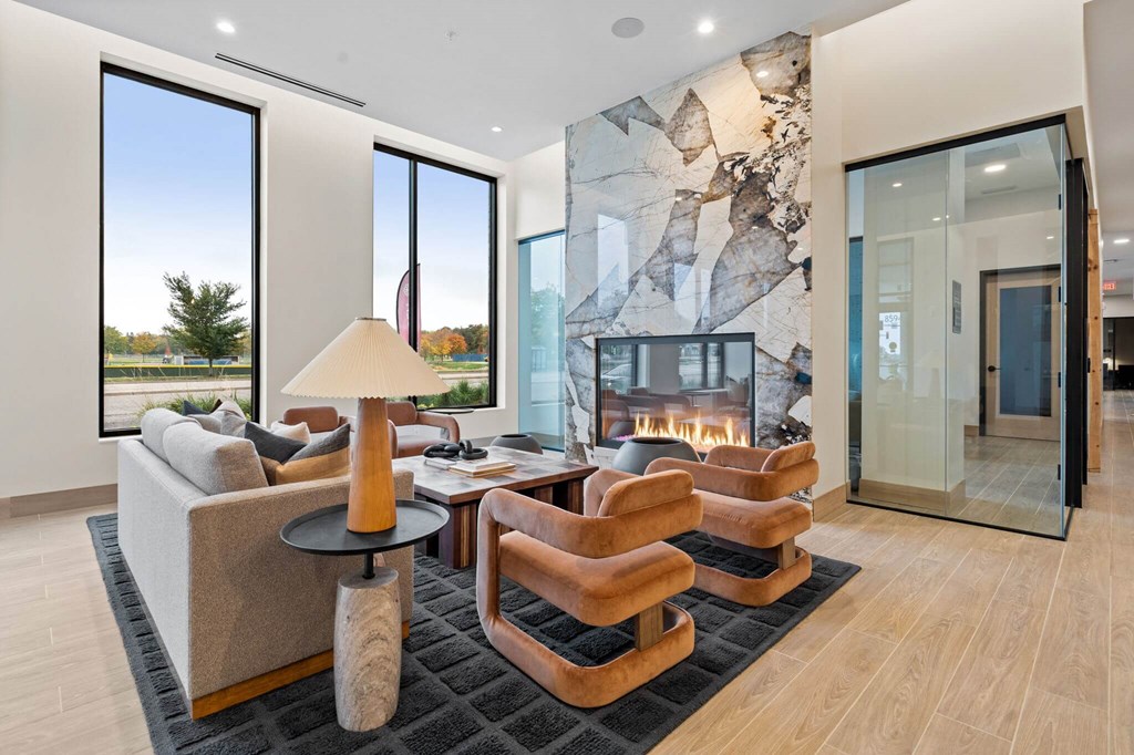 Community Library with Fireplace at The Hallon apartments,Minnesota