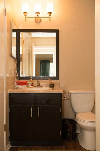 Newly renovated bathrooms with espresso cabinets and wood-finish flooring Newly renovated bathrooms with espresso cabinets and wood-finish flooring at Riverset Apartments in Mud Island, Memphis, TN - Photo Gallery 6