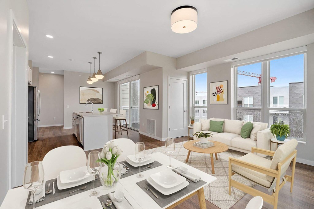 open concept apartment with dining and living area at The Hallon Apartments, Hopkins