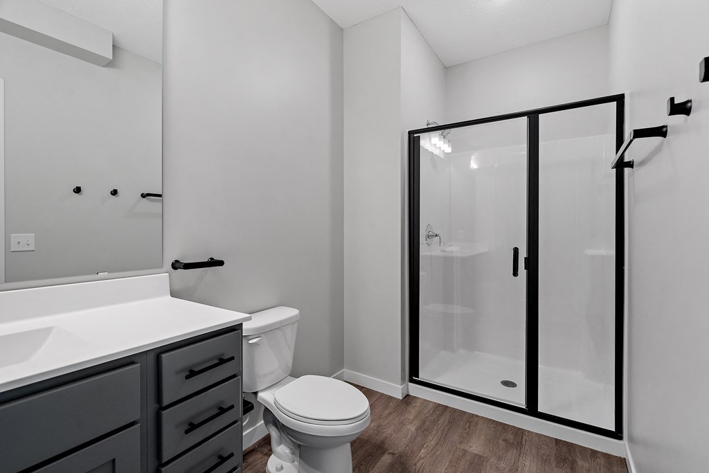 a bathroom with a toilet sink and shower at The Lodge at Overland, Minnesota