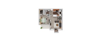 a stylized floor plan with a bedroom and living room