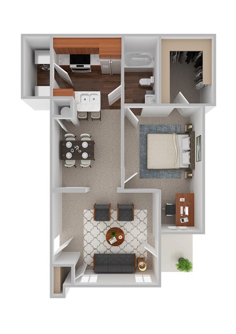 a stylized floor plan with a bedroom and living room