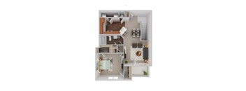 a stylized floor plan with a bedroom and living room