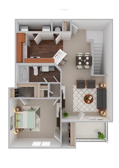 a stylized floor plan with a bedroom and living room