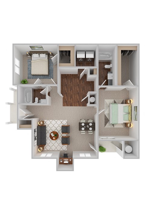 a stylized floor plan with a bedroom and living room