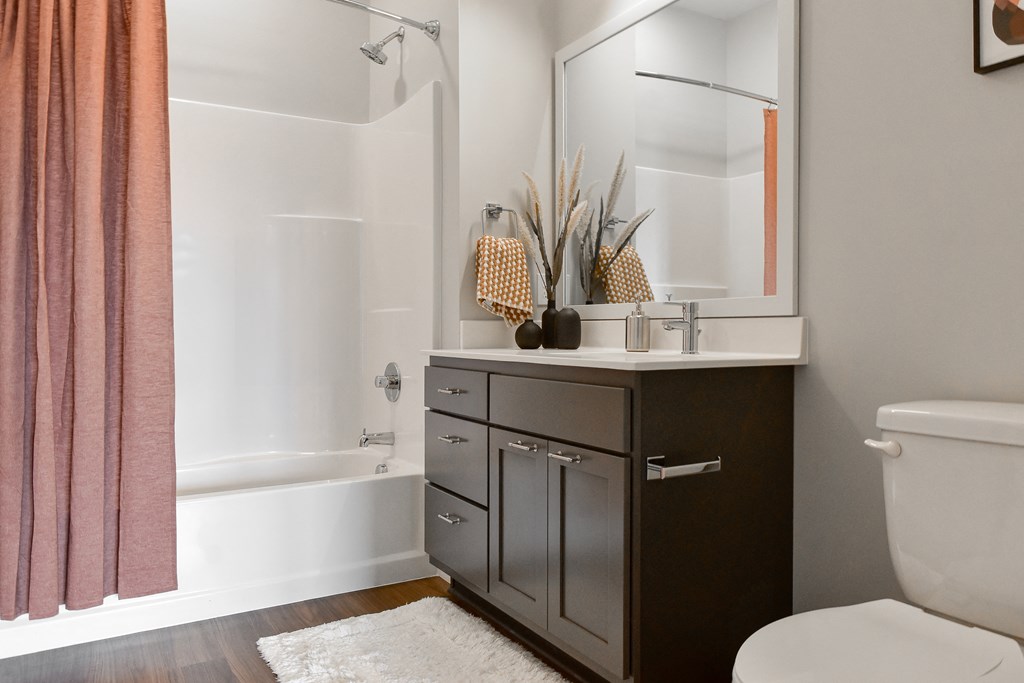 a bathroom with a sink and a toilet and a shower at The Hallon Apartments, Hopkins, Minnesota