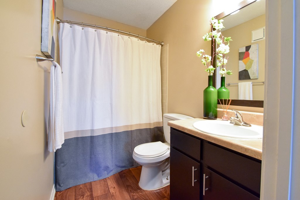 a bathroom with a toilet sink and shower  at Riverset Apartments, Tennessee, 38103