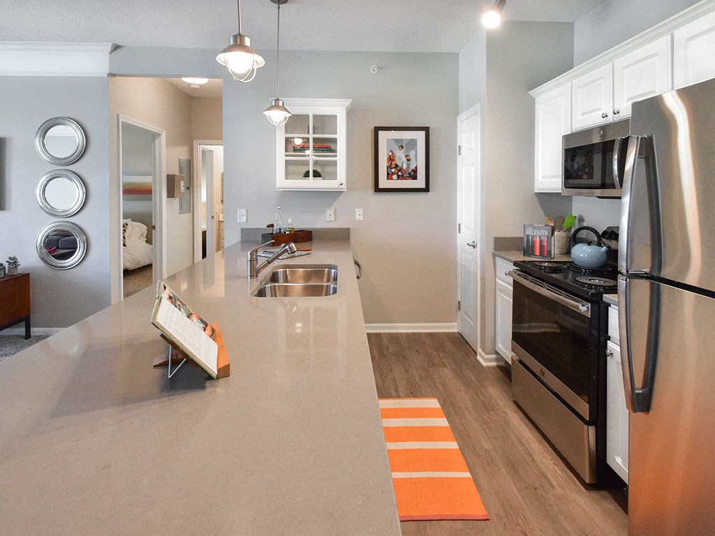 Kitchen with stainless steel appliances at Central Park Apartments in Worthington, Columbus, OH