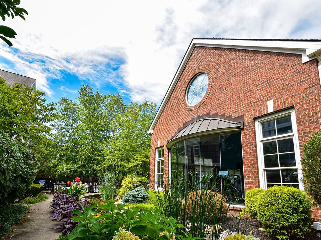 Tranquil courtyard with koi pond at Central Park Apartments in Worthington, Columbus, OH