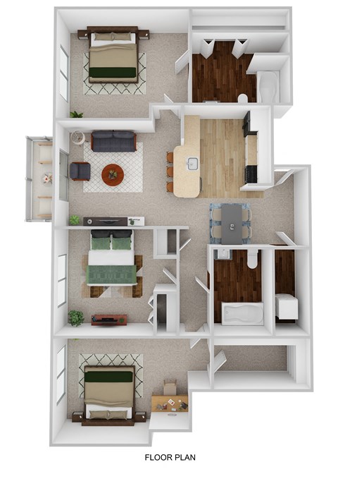 3 Bedroom and 2 Bath Floor Plan at Waterchase Apartments, Wyoming, MI, 49519