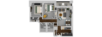 a 3d rendering of a bedroom and floor plan of a house