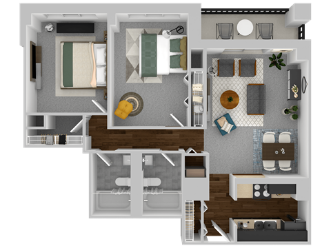 a 3d rendering of a bedroom and floor plan of a house