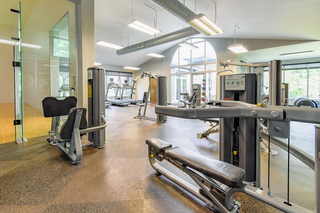 a gym with cardio equipment and weights a gym with cardio equipment and weights at Riverset Apartments in Mud Island, Memphis, TN