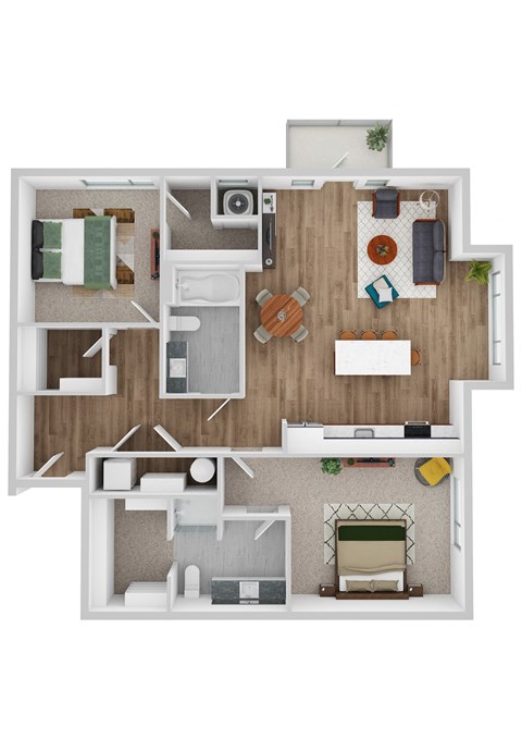 a 3d drawing of a bedroom floor plan with a living room