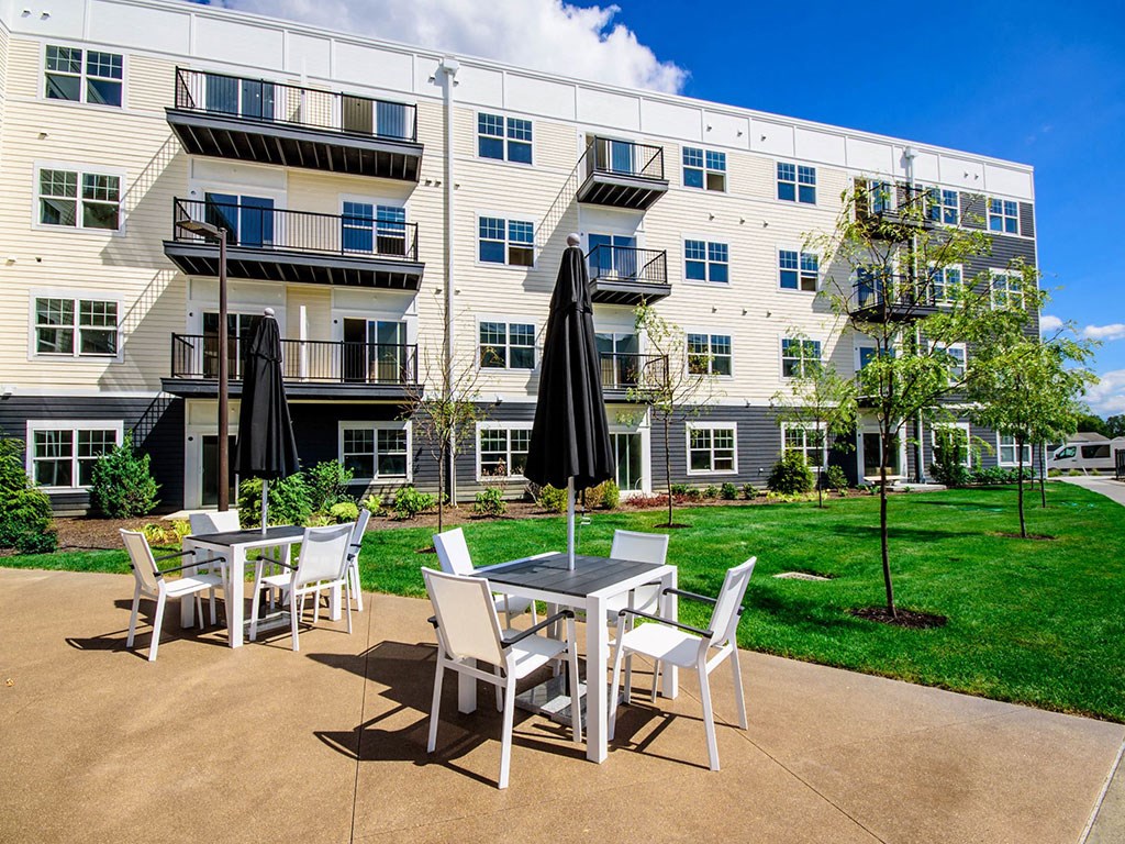 Outdoor tables at Mirada Apartments, Lewis Center