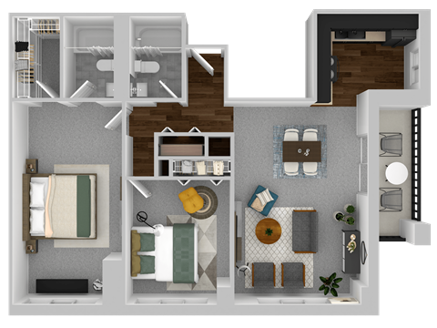 a 3d rendering of a floor plan of a house with a bedroom and bathroom