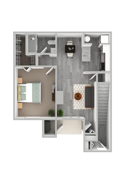 a stylized floor plan with a bedroom and a bathroom