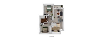 2 Bedroom 1 Bathroom Floor Plan at Waterchase Apartments, Wyoming, Michigan