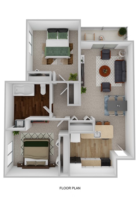 2 Bedroom 1 Bathroom Floor Plan at Waterchase Apartments, Wyoming, Michigan