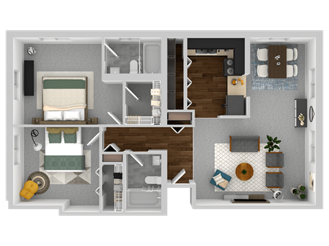 a 2 bedroom floor plan with a bathroom and a bedroom