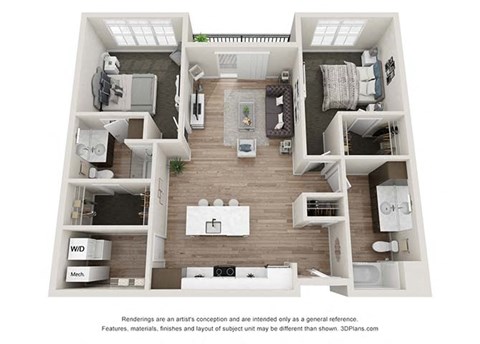 2 bedroom 2 bathroom B2 Floor Plan at Velo Village Apartments, Franklin