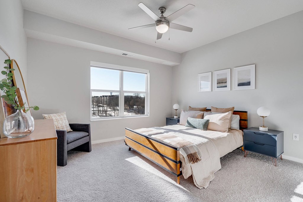 Bedroom With Ceiling Fan at The Westlyn, West Saint Paul, Minnesota