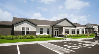 a rendering of a large home with people walking in and out of it