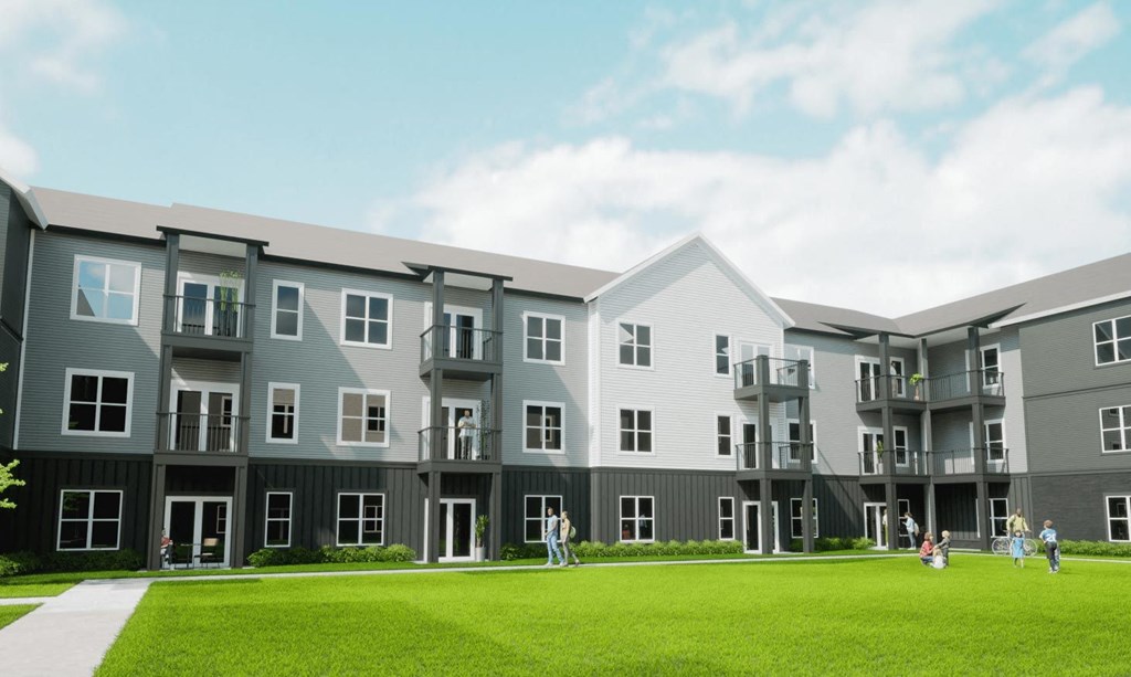 a rendering of an apartment complex with people walking on the lawn at The Commons at Rivertown, Grandville, 49418