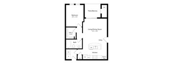 A black and white image of a floor plan for a small apartment.