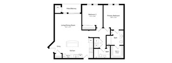 A floor plan of a house with a living room, kitchen, two bathrooms, and two bedrooms.