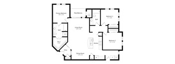 A floor plan of a house with a living room, two bedrooms, a dining room, a kitchen, a bathroom, and a walk-in closet.