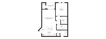A floor plan of a home with a living room, kitchen, bathroom, and bedroom.